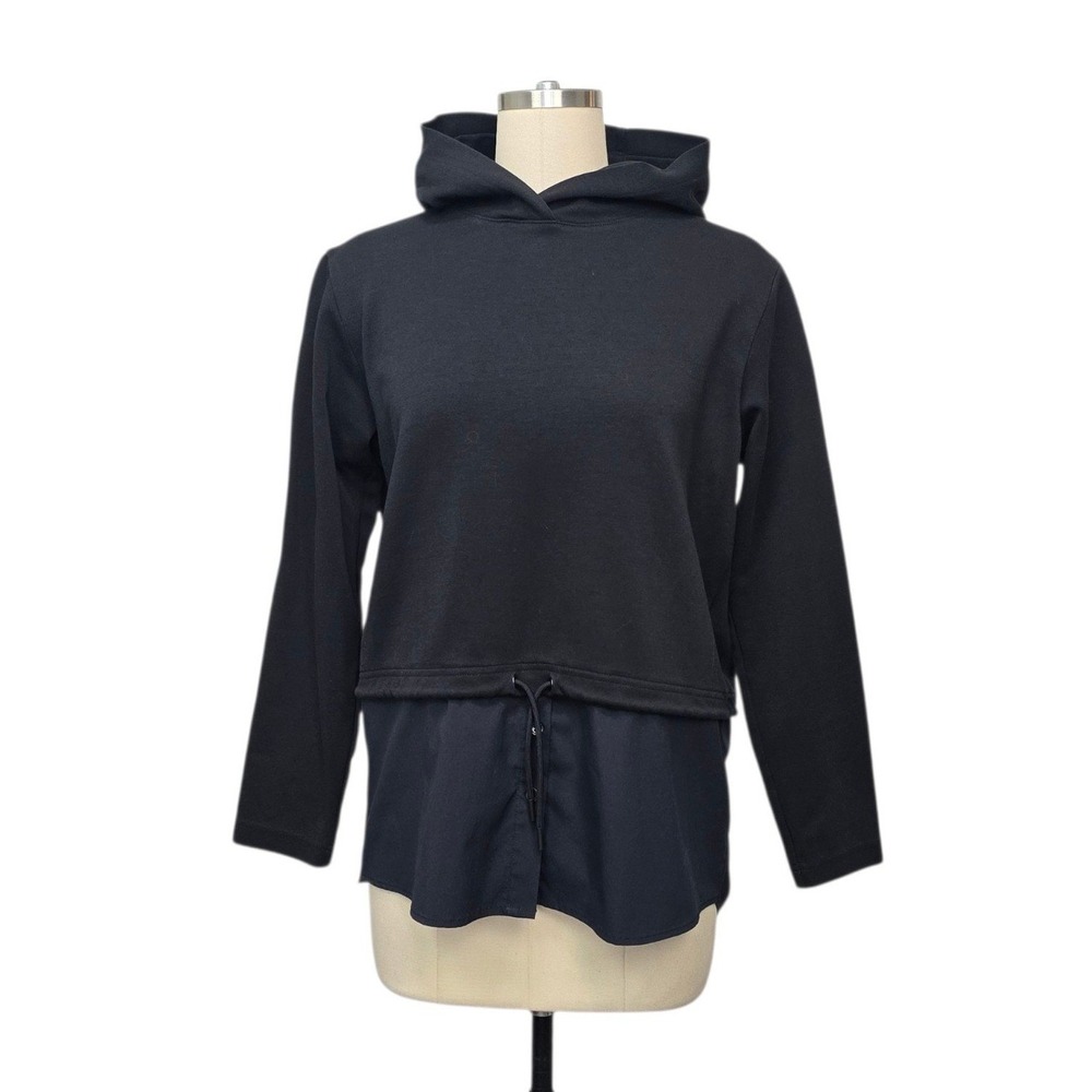 Athleta Gallery Hoodie Top Black Mixed Media Drawstring Sweatshirt Size Small